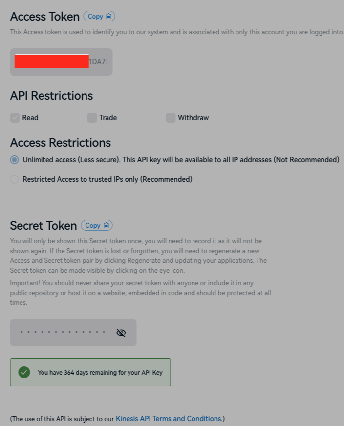 Kinesis API keys menu